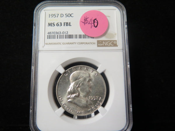 1957-D Franklin Half Dollar. NGC Graded MS 63 FBL Uncirculated Coin. Store # 03358