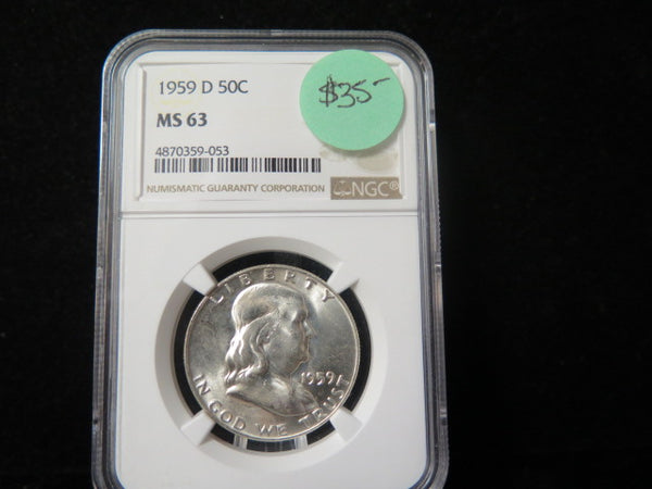 1959-D Franklin Half Dollar. NGC Graded MS 63 Uncirculated Coin. Store # 03361