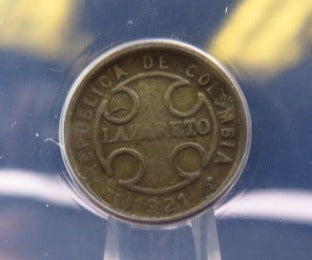 1921-RH 2 Centimes, Colombia, Leper Colony Coinage. ANACS Graded VF-30.