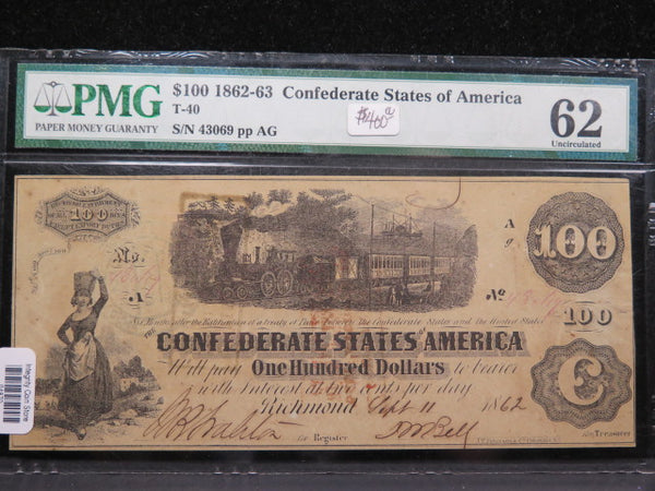 1862-63 $100 C.S.A. Note, Civil War Era Currency. PMG UNC-62.  Store Sale #04879