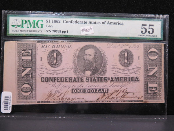 1862 $1 C.S.A. Note, Civil War Era Currency. PMG AU-55.  Store Sale #04877