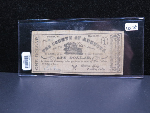 1862 $1 Obsolete Currency, County of Augusta, Store #04800