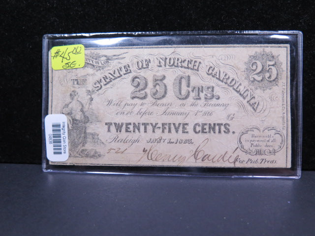 1863 25 Cent, Obsolete Currency. North Carolina, Store