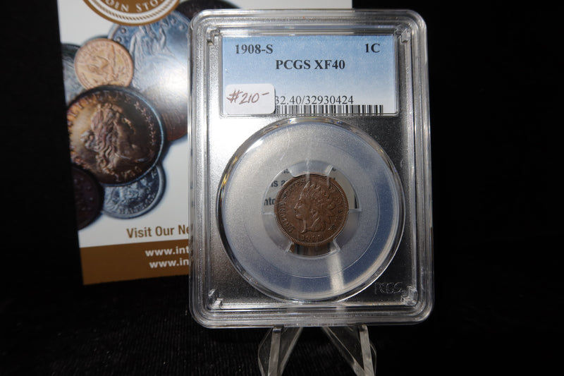 1908-S Indian Head Small Cent. PCGS Graded XF40. Store