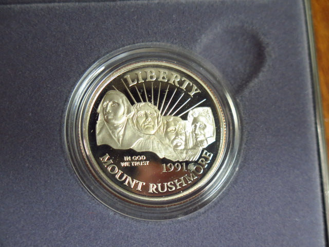 1991-S Mt. Rushmore Anniversary Proof Silver Dollar and Clad Half Dollar  Commemorative Set, Original Government Package, Store #12345