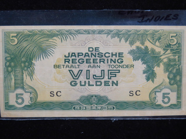 1940's Netherlands Indies 5 Gulden, Japanese Occupation WWII, Store #1